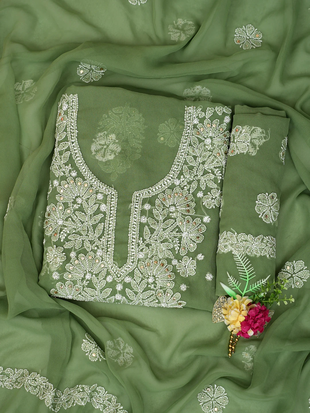 Ada Hand Embroidered Asparagus Green Georgette Lucknowi Chikankari Unstitched Suit Piece With Muqaish Work 01A776392