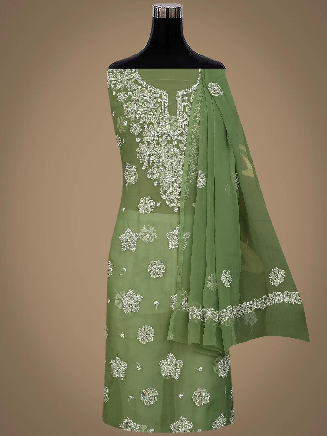 Ada Hand Embroidered Asparagus Green Georgette Lucknowi Chikankari Unstitched Suit Piece With Muqaish Work 01A776392