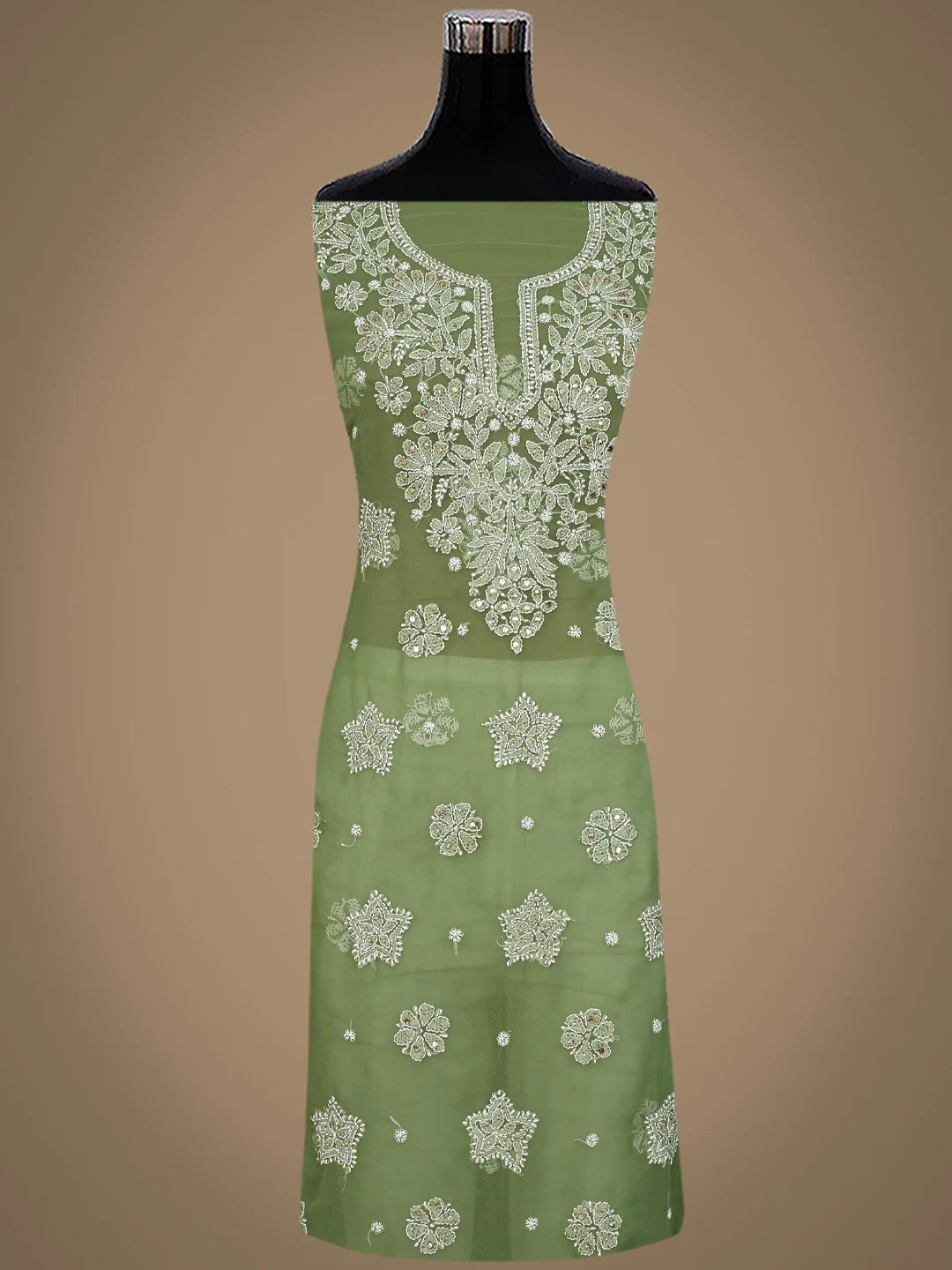 Ada Hand Embroidered Asparagus Green Georgette Lucknowi Chikankari Unstitched Suit Piece With Muqaish Work 01A776392