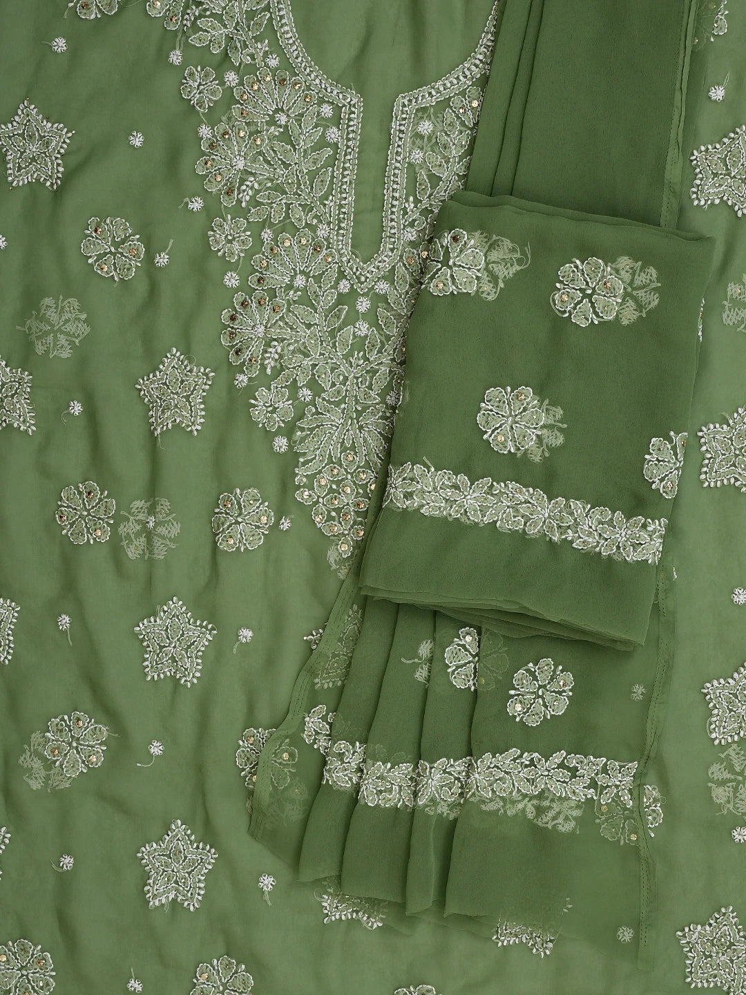 Ada Hand Embroidered Asparagus Green Georgette Lucknowi Chikankari Unstitched Suit Piece With Muqaish Work 01A776392