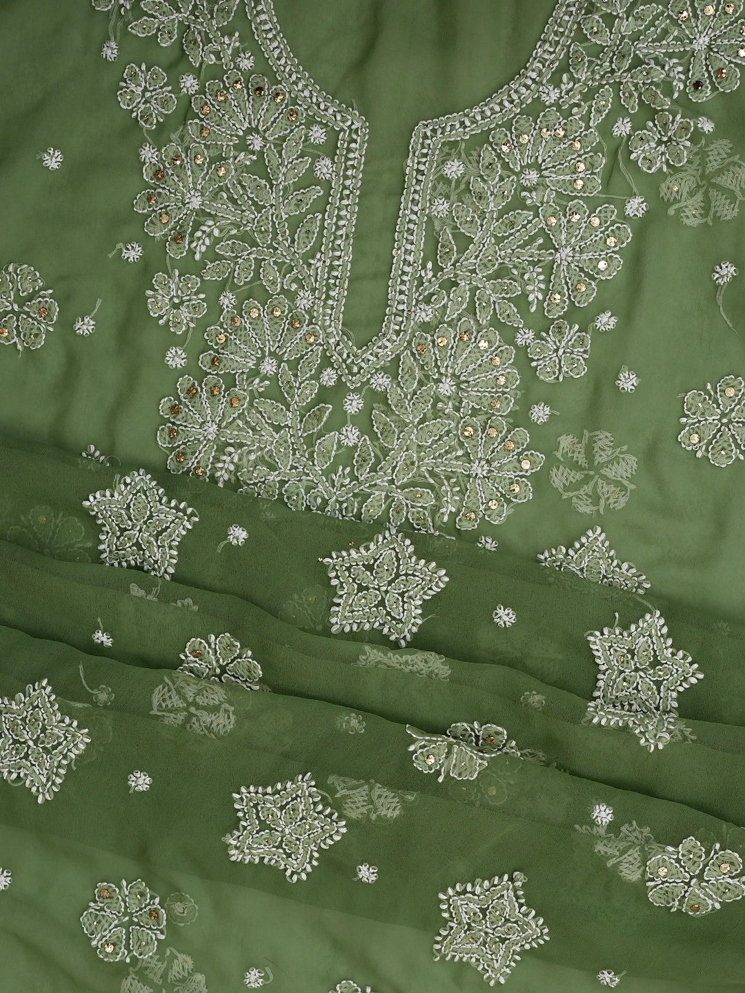 Ada Hand Embroidered Asparagus Green Georgette Lucknowi Chikankari Unstitched Suit Piece With Muqaish Work 01A776392