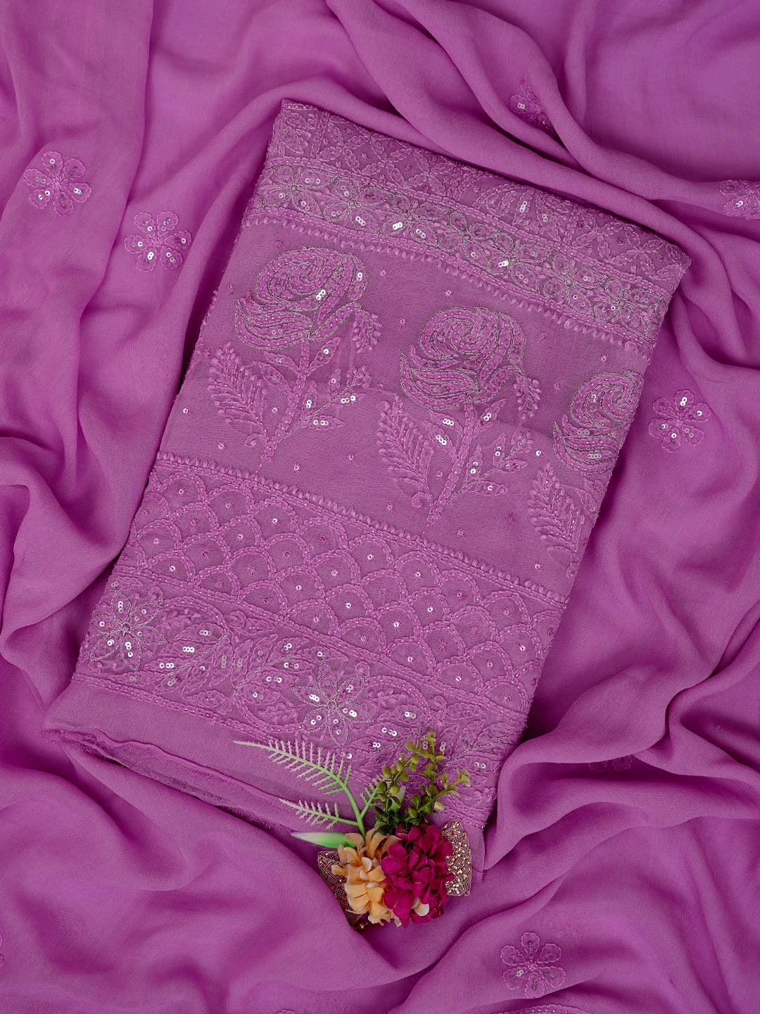 Ada Hand Embroidered Lavender(Floral) Viscose Georgette Lucknowi Chikankari Unstitched Kurta Dupatta Set With Zari Work 01A416981