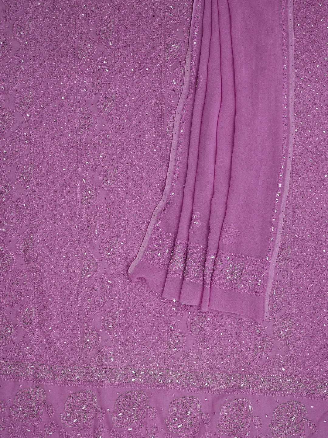 Ada Hand Embroidered Lavender(Floral) Viscose Georgette Lucknowi Chikankari Unstitched Kurta Dupatta Set With Zari Work 01A416981