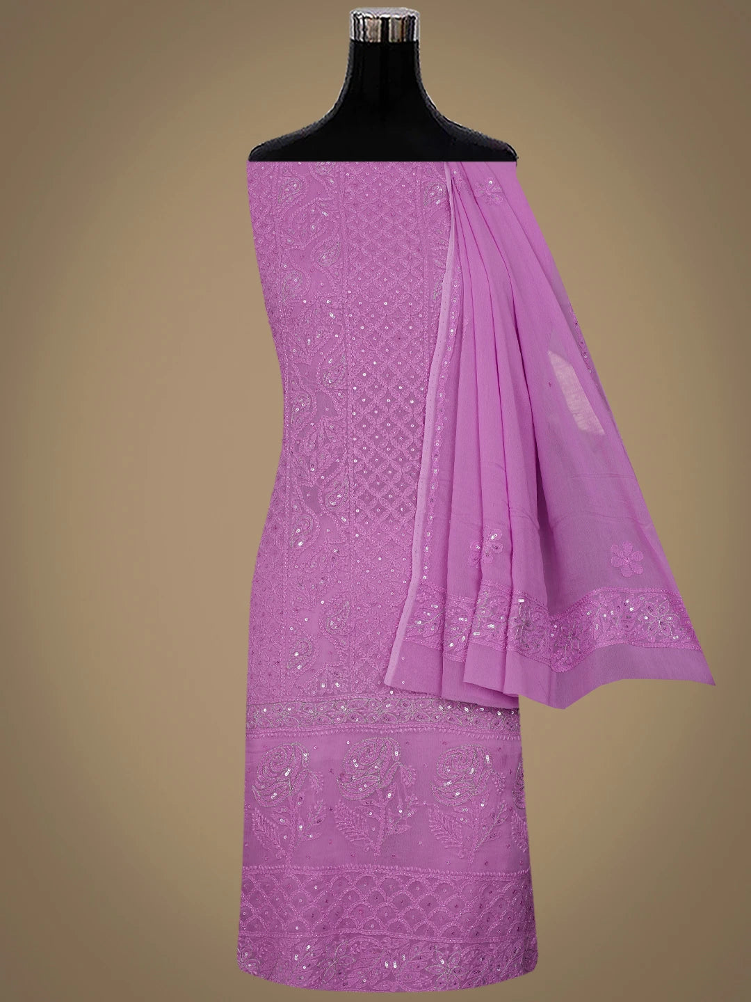 Ada Hand Embroidered Lavender(Floral) Viscose Georgette Lucknowi Chikankari Unstitched Kurta Dupatta Set With Zari Work 01A416981