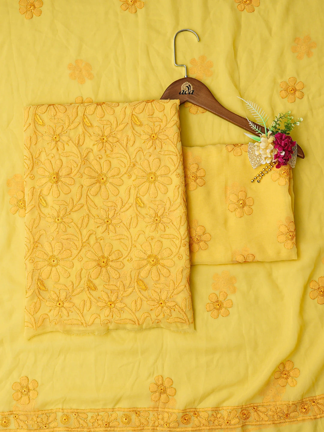 Ada Hand Embroidered Yellow Georgette Lucknowi Chikankari Unstitched Suit Piece 01A594583