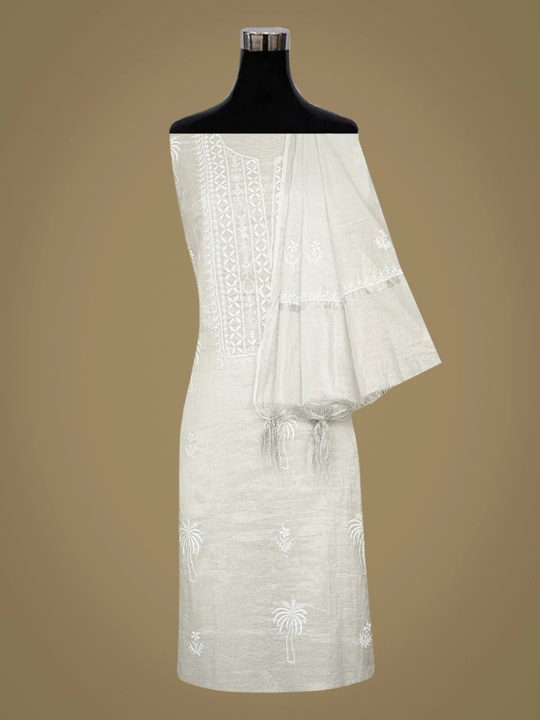 Ada Hand Embroidered Silver Grey Tissue Lucknowi Chikankari Unstitched Kurta Dupatta Set 01A761083