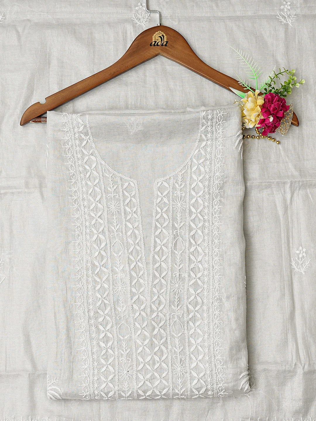 Ada Hand Embroidered Silver Grey Tissue Lucknowi Chikankari Unstitched Kurta Dupatta Set 01A761083