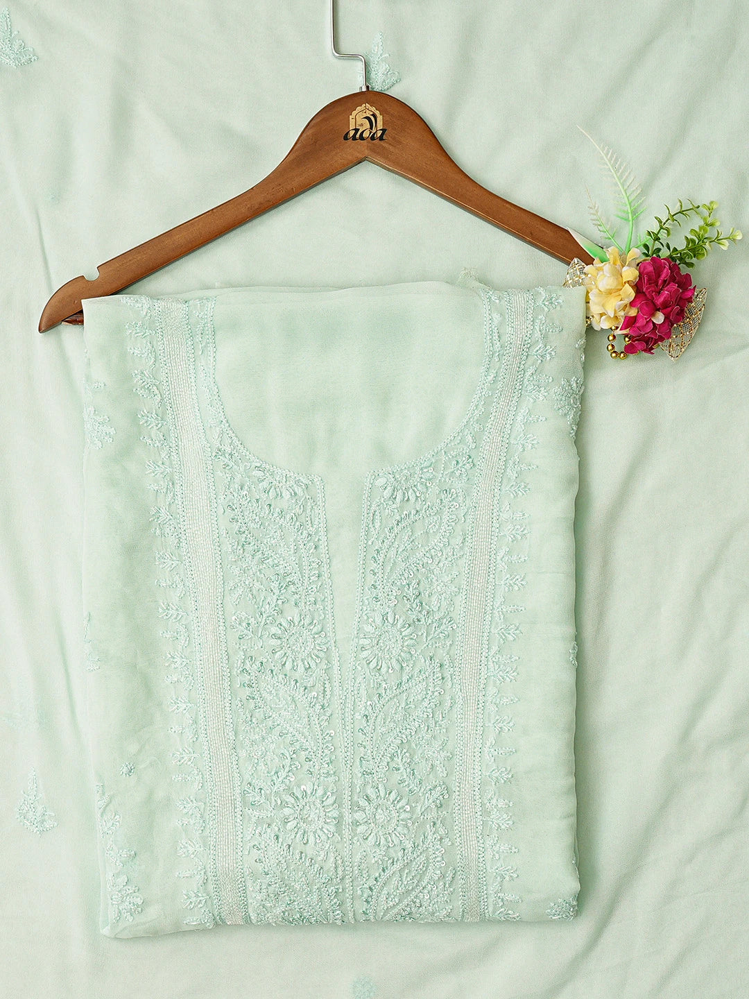 Ada Hand Embroidered Sea Green Viscose Georgette Lucknowi Chikankari Unstitched Kurta Dupatta Set With Cutdana Work 01A771733