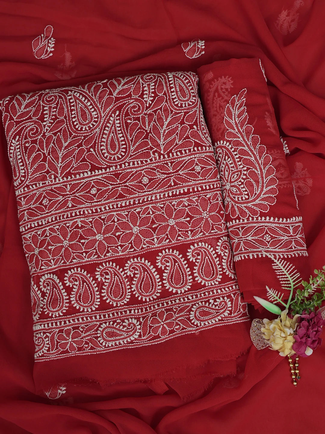 Ada Hand Embroidered Red Georgette Lucknowi Chikankari Unstitched Suit Piece 01A476662