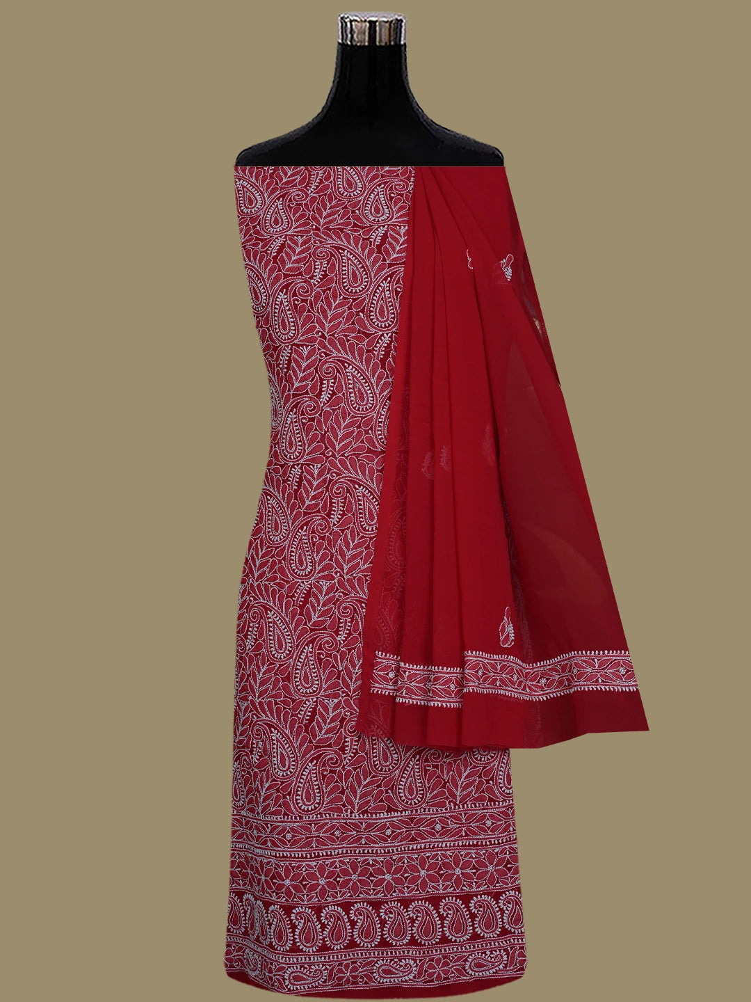 Ada Hand Embroidered Red Georgette Lucknowi Chikankari Unstitched Suit Piece 01A476662