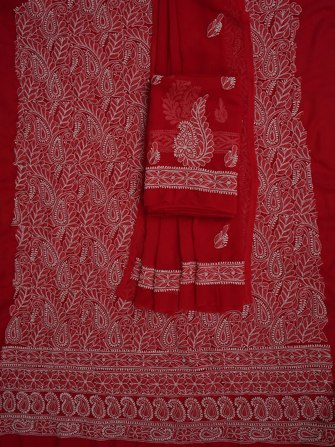 Ada Hand Embroidered Red Georgette Lucknowi Chikankari Unstitched Suit Piece 01A476662