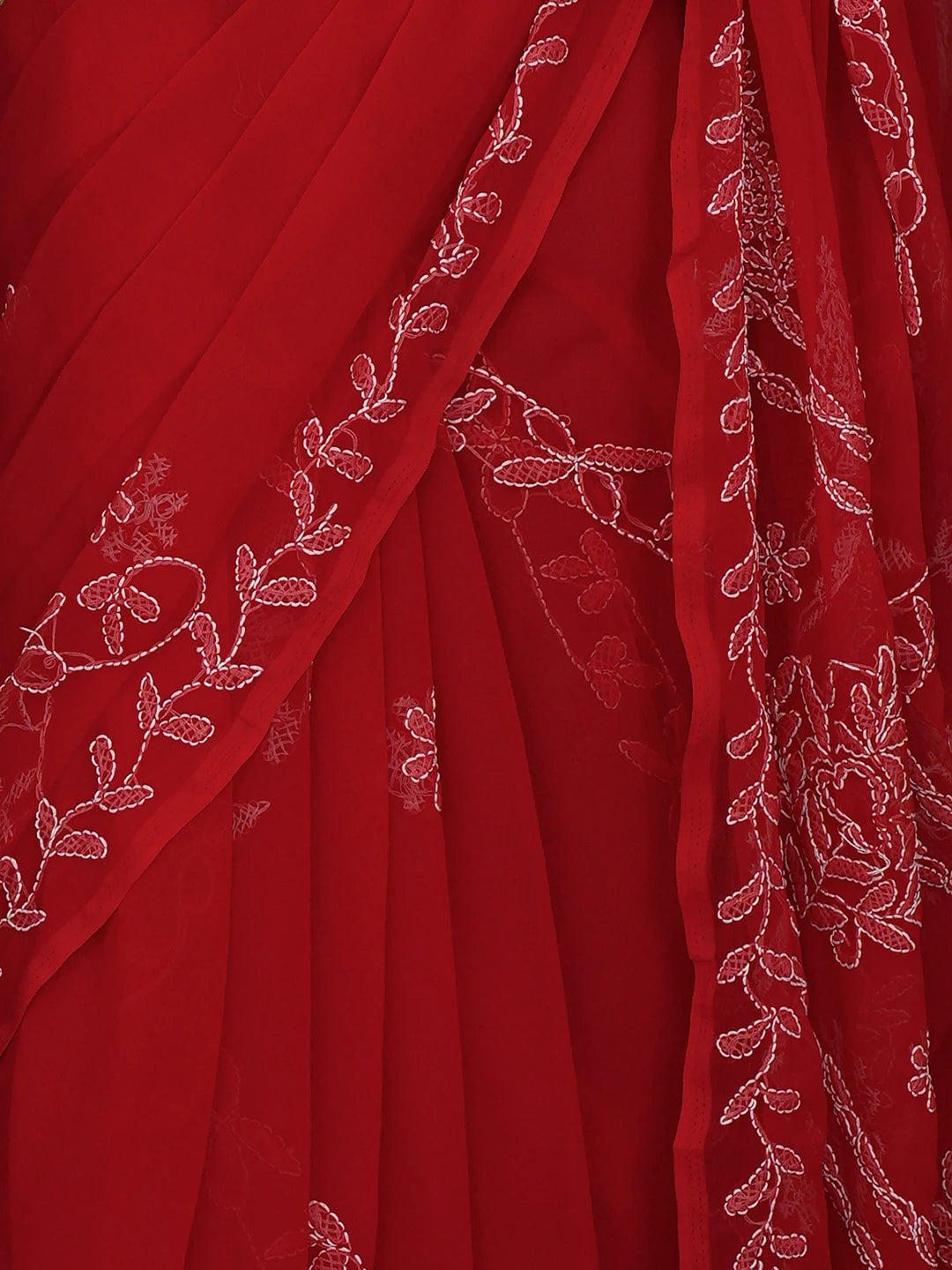 Ada Hand Embroidered Red Georgette Lucknowi Chikankari Saree With Blouse 01A853815