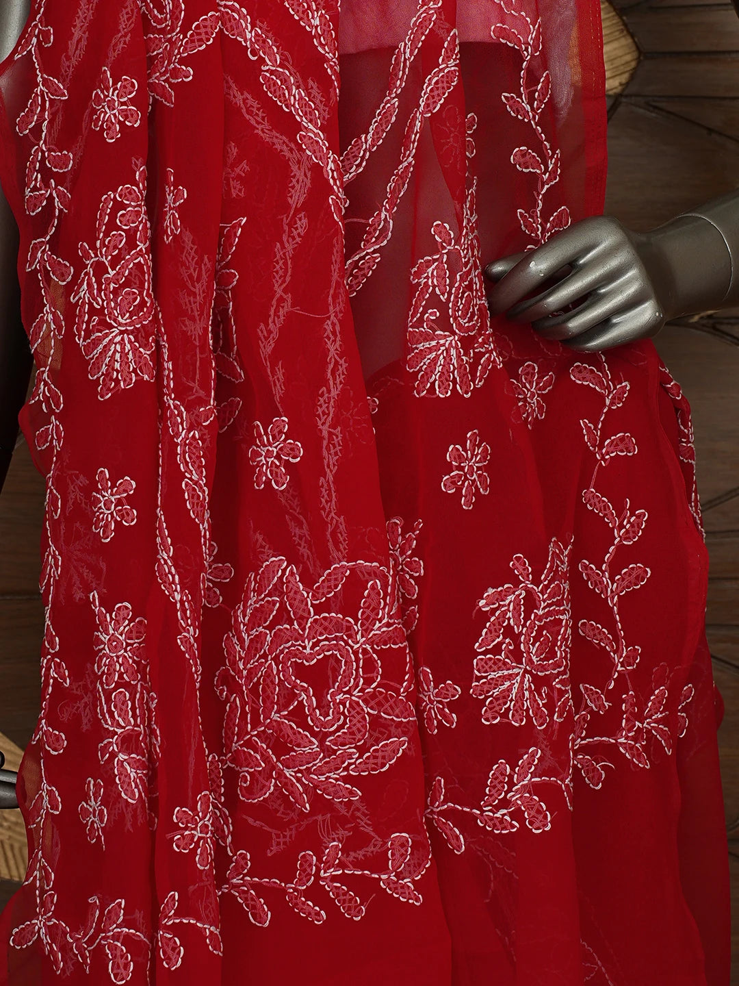 Ada Hand Embroidered Red Georgette Lucknowi Chikankari Saree With Blouse 01A853815