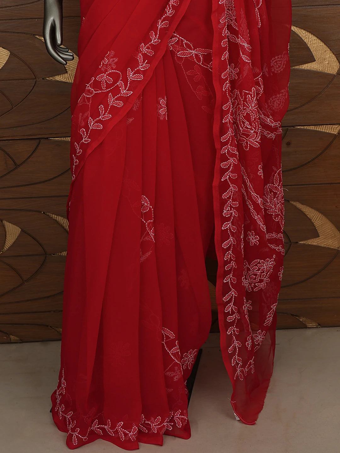 Ada Hand Embroidered Red Georgette Lucknowi Chikankari Saree With Blouse 01A853815