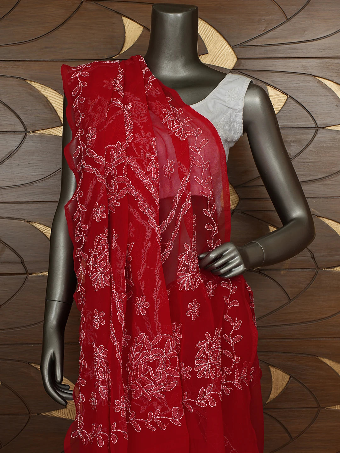 Ada Hand Embroidered Red Georgette Lucknowi Chikankari Saree With Blouse 01A853815