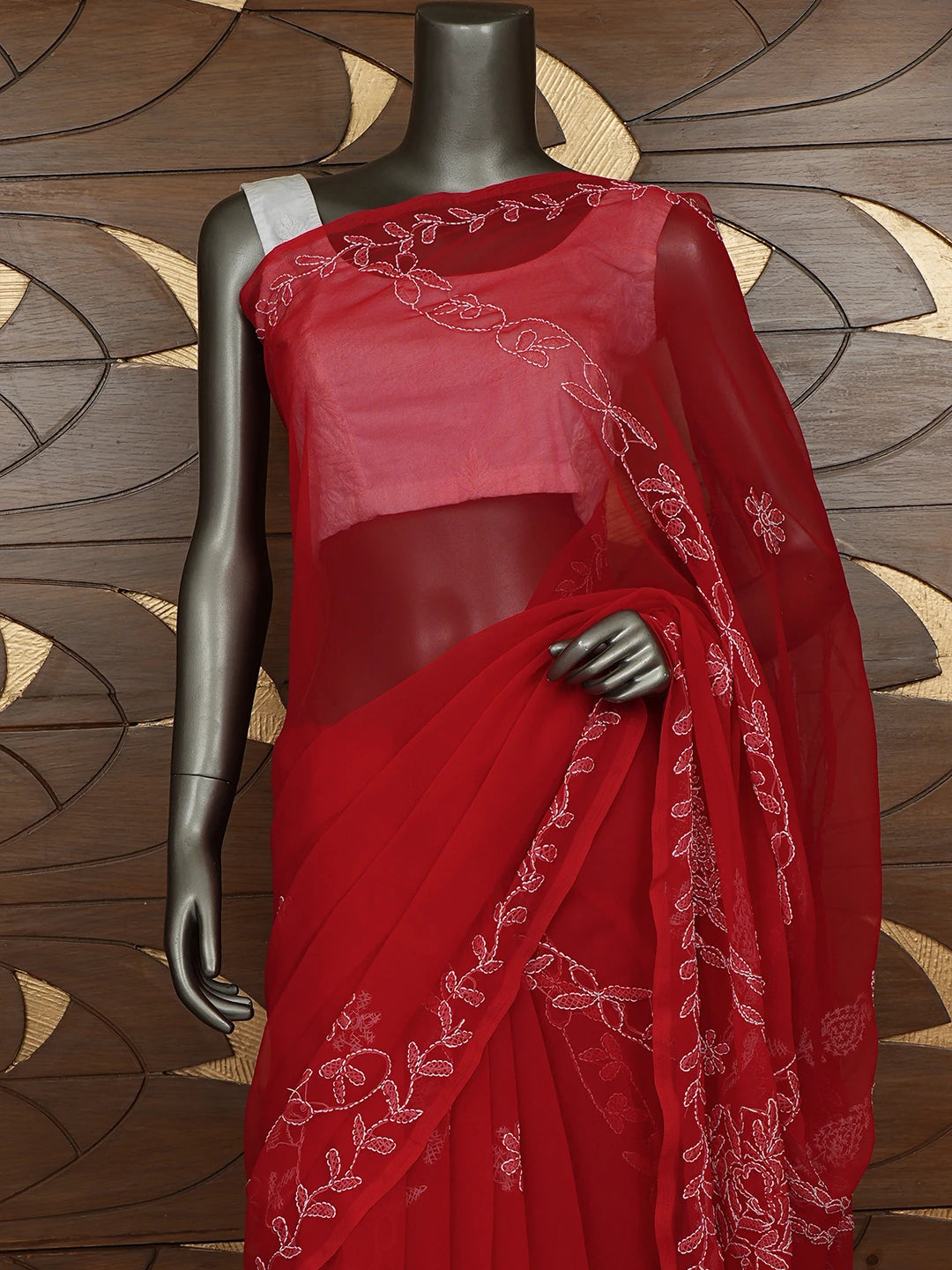 Ada Hand Embroidered Red Georgette Lucknowi Chikankari Saree With Blouse 01A853815