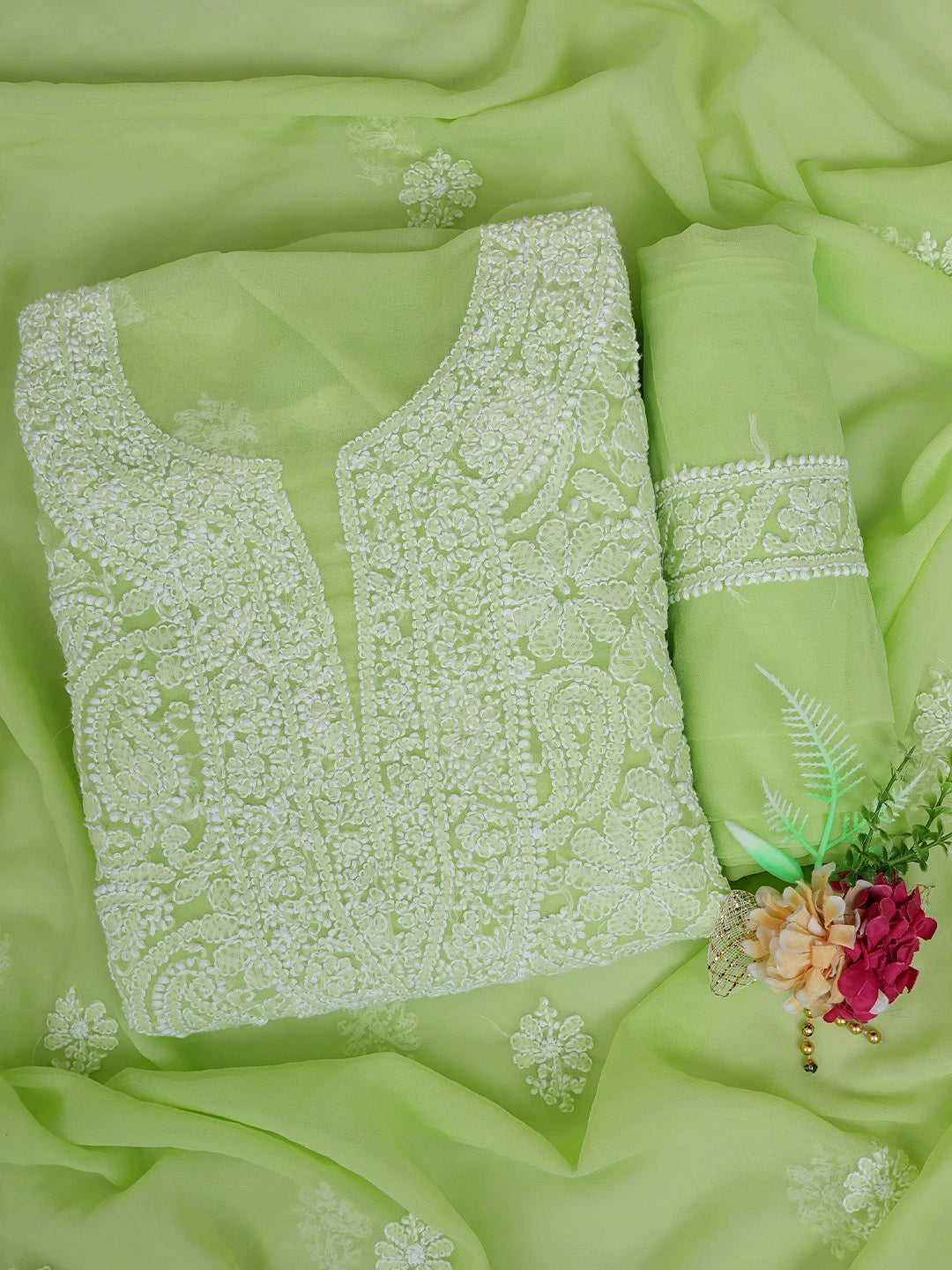 Ada Hand Embroidered Lime Green Georgette Lucknowi Chikankari Unstitched Suit Piece 01A779010