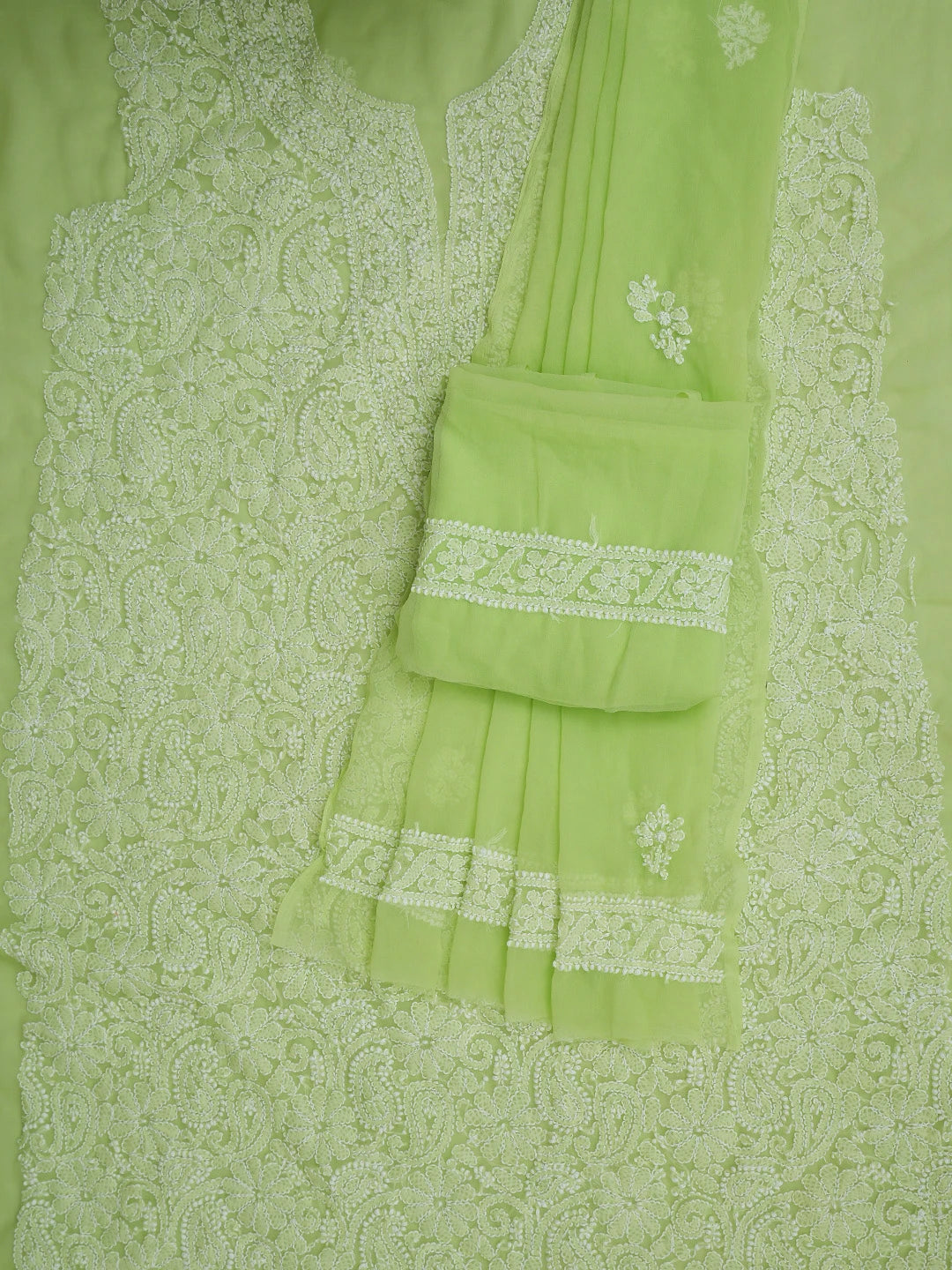 Ada Hand Embroidered Lime Green Georgette Lucknowi Chikankari Unstitched Suit Piece 01A779010