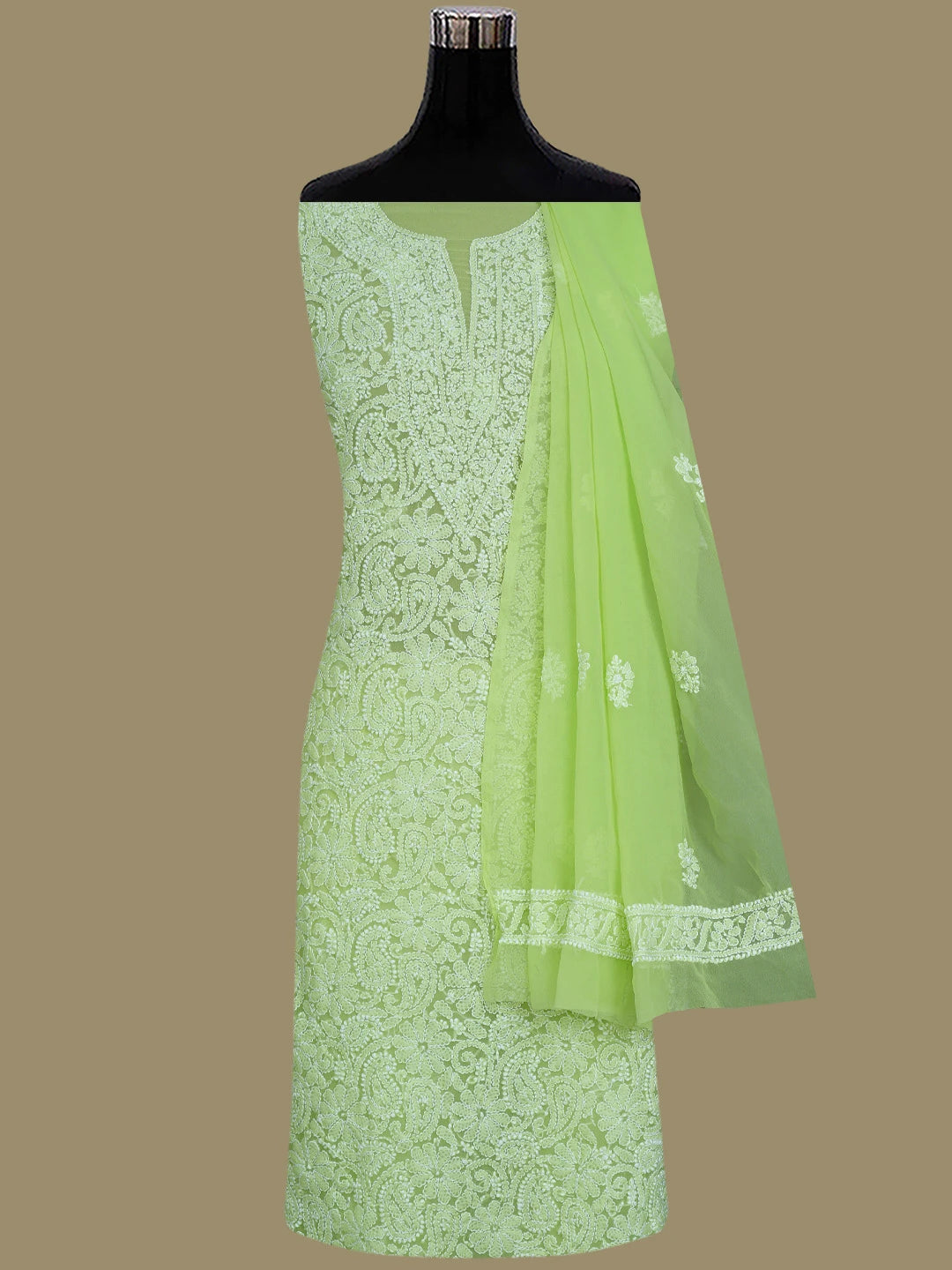 Ada Hand Embroidered Lime Green Georgette Lucknowi Chikankari Unstitched Suit Piece 01A779010