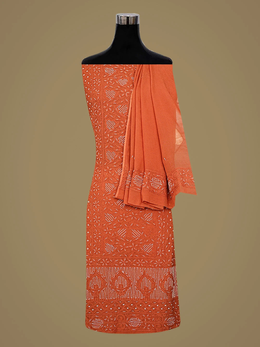 Ada Hand Embroidered Rust Viscose Georgette Lucknowi Chikankari Unstitched Kurta Dupatta Set With Cutdana Work 01A764520