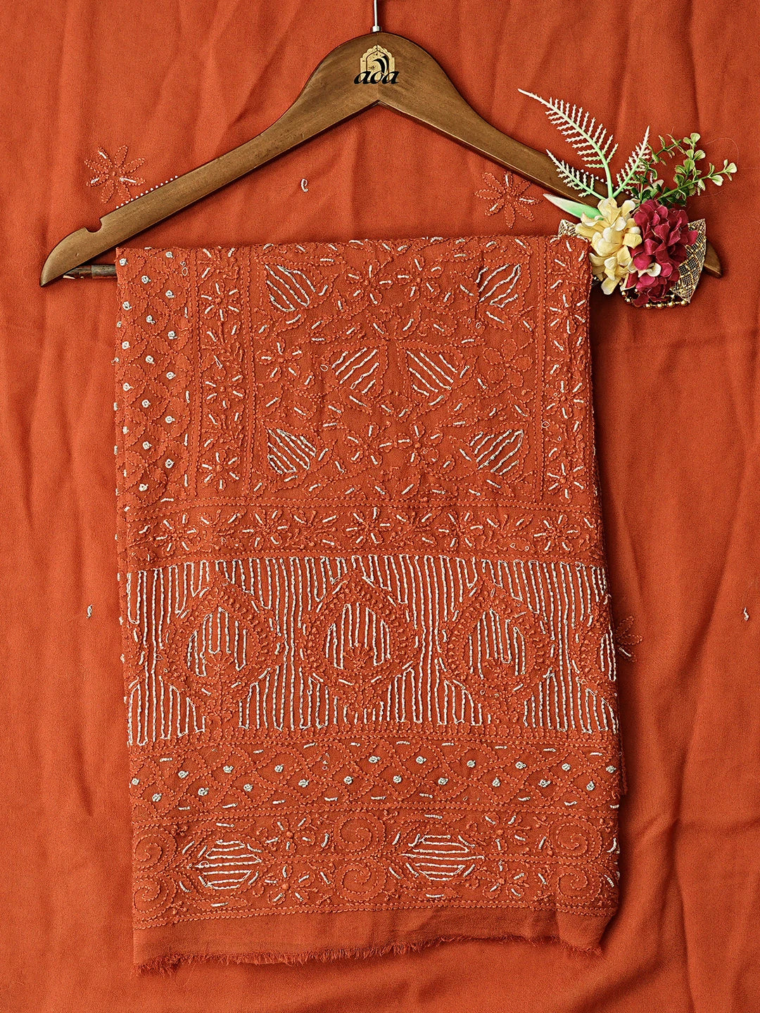 Ada Hand Embroidered Rust Viscose Georgette Lucknowi Chikankari Unstitched Kurta Dupatta Set With Cutdana Work 01A764520