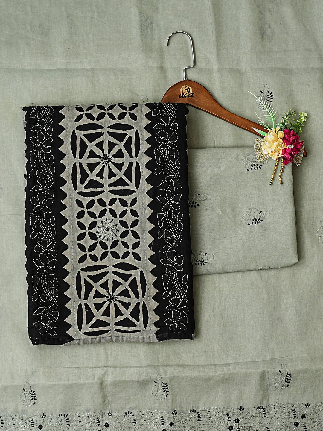 Ada Hand Embroidered Black Cotton Lucknowi Chikankari Unstitched Suit PIece 01A845173