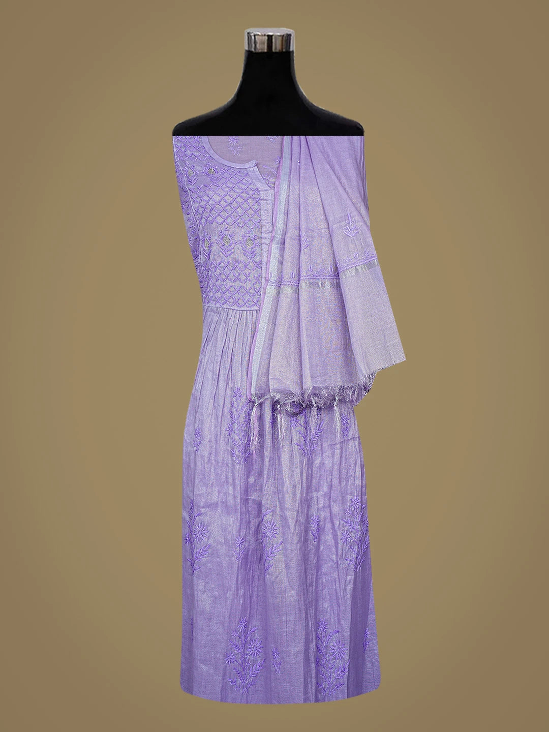 Ada Hand Embroidered Purple Tissue Lucknowi Chikankari Semi-Stitched Kurta Dupatta Set With Zari Taar Work 01A811082
