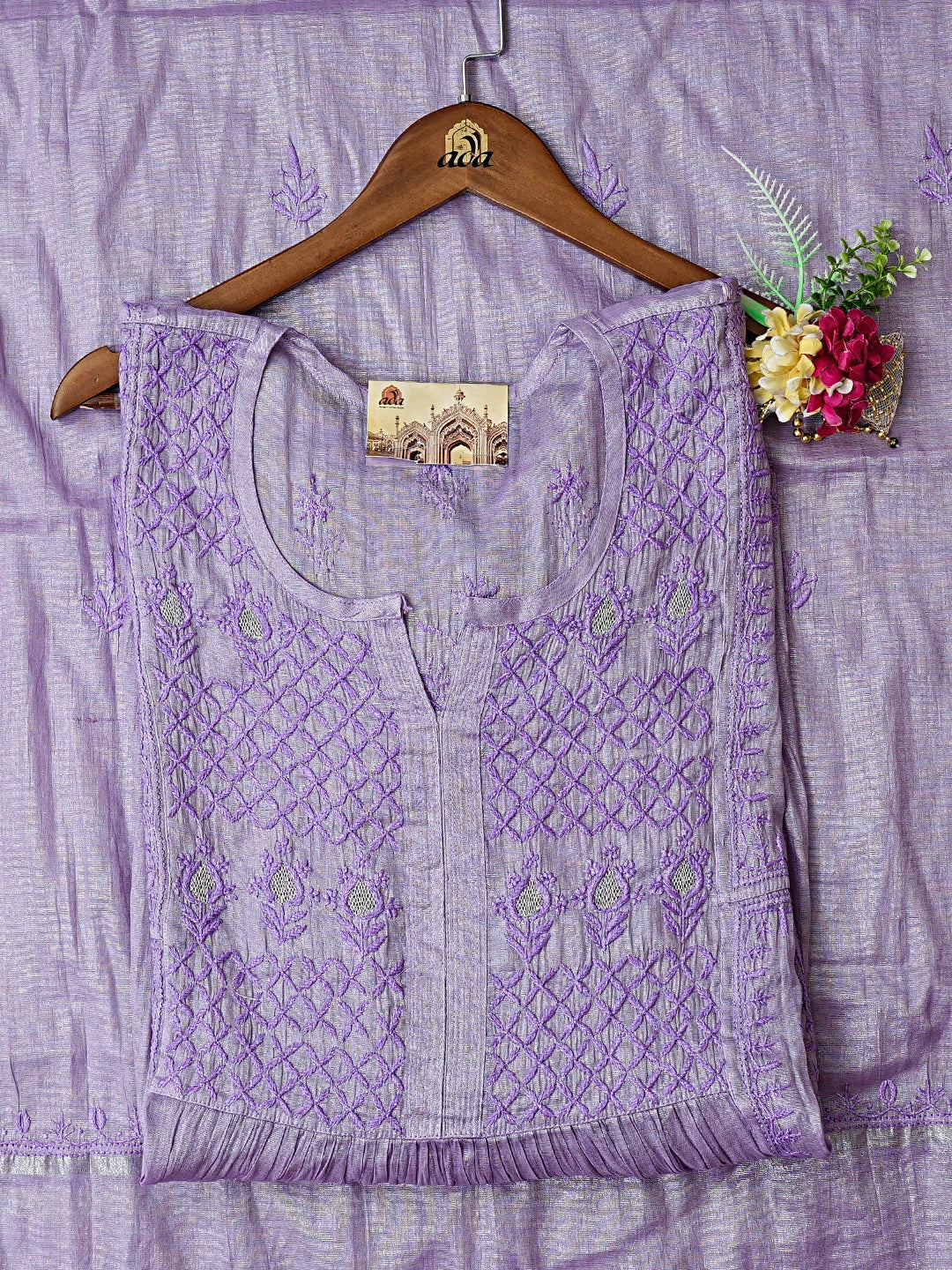 Ada Hand Embroidered Purple Tissue Lucknowi Chikankari Semi-Stitched Kurta Dupatta Set With Zari Taar Work 01A811082