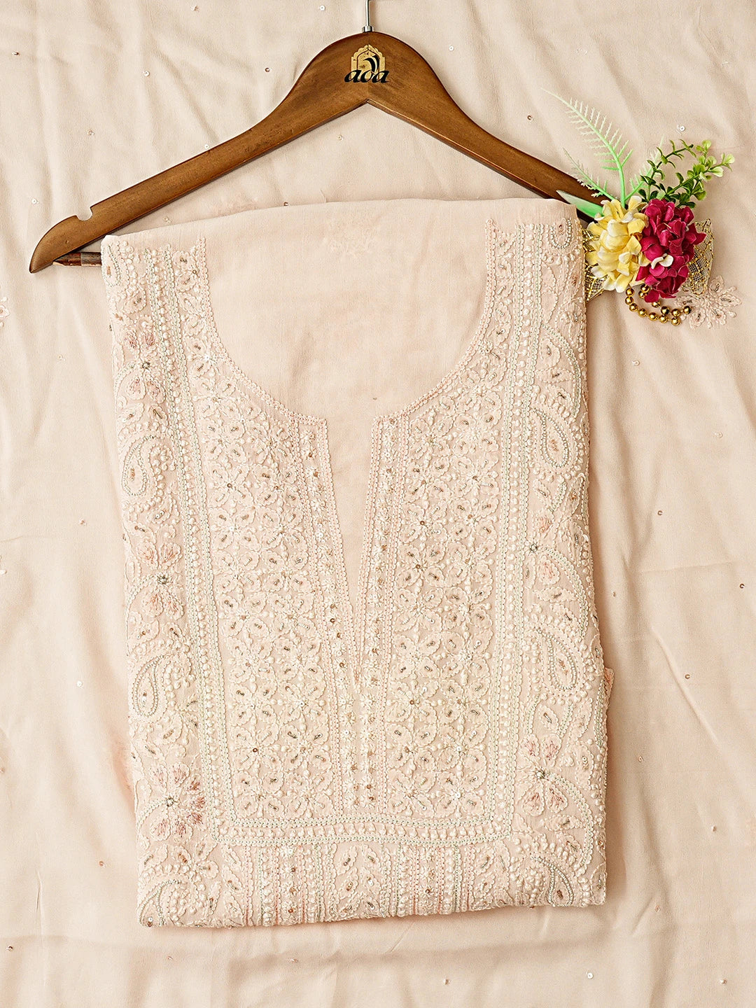 Ada Hand Embroidered Dusty Pink Viscose Georgette Lucknowi Chikankari Unstitched Kurta Dupatta Set With Cutdana Work 01A699578