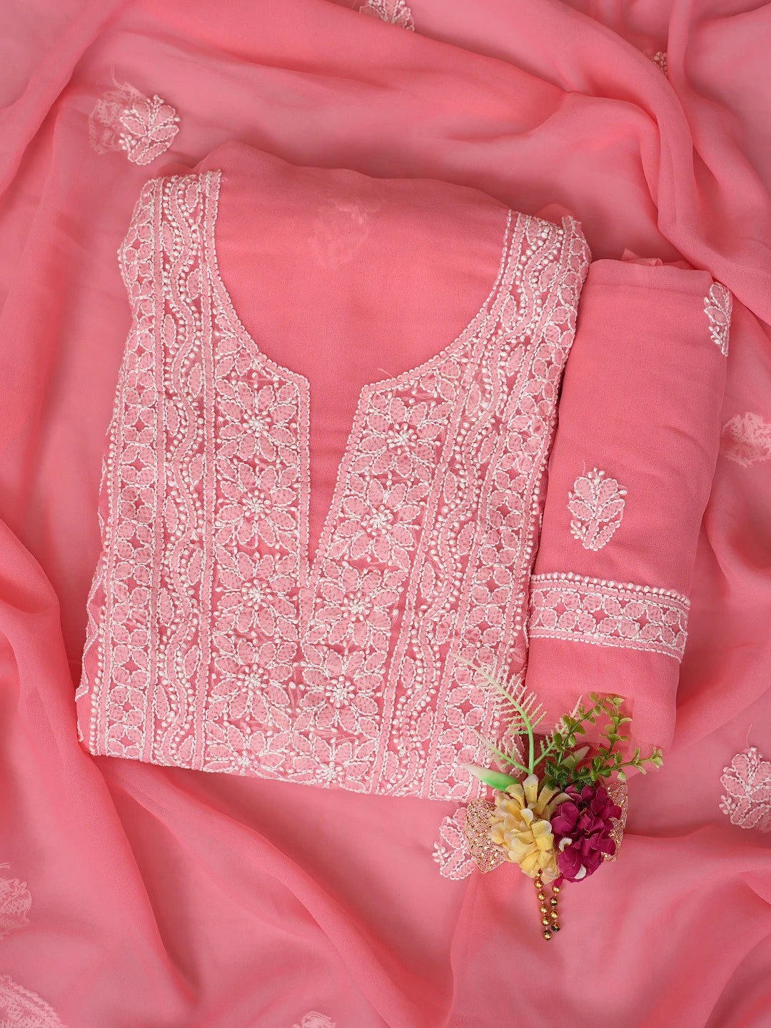 Ada Hand Embroidered Carrot Pink Georgette Lucknowi Chikankari Unstitched Suit Piece 01A866981