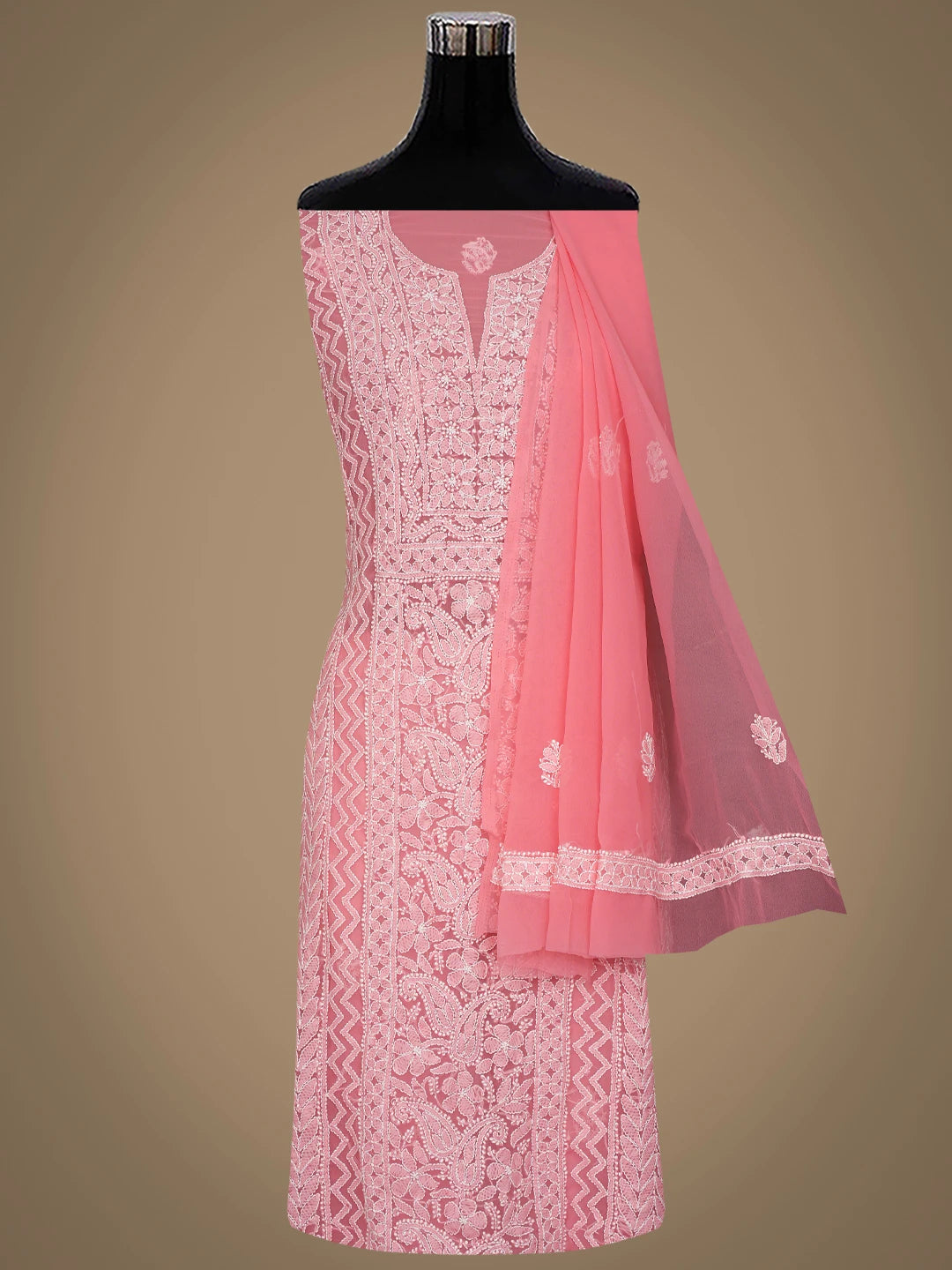 Ada Hand Embroidered Carrot Pink Georgette Lucknowi Chikankari Unstitched Suit Piece 01A866981