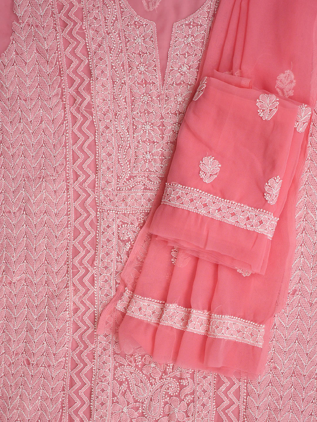 Ada Hand Embroidered Carrot Pink Georgette Lucknowi Chikankari Unstitched Suit Piece 01A866981