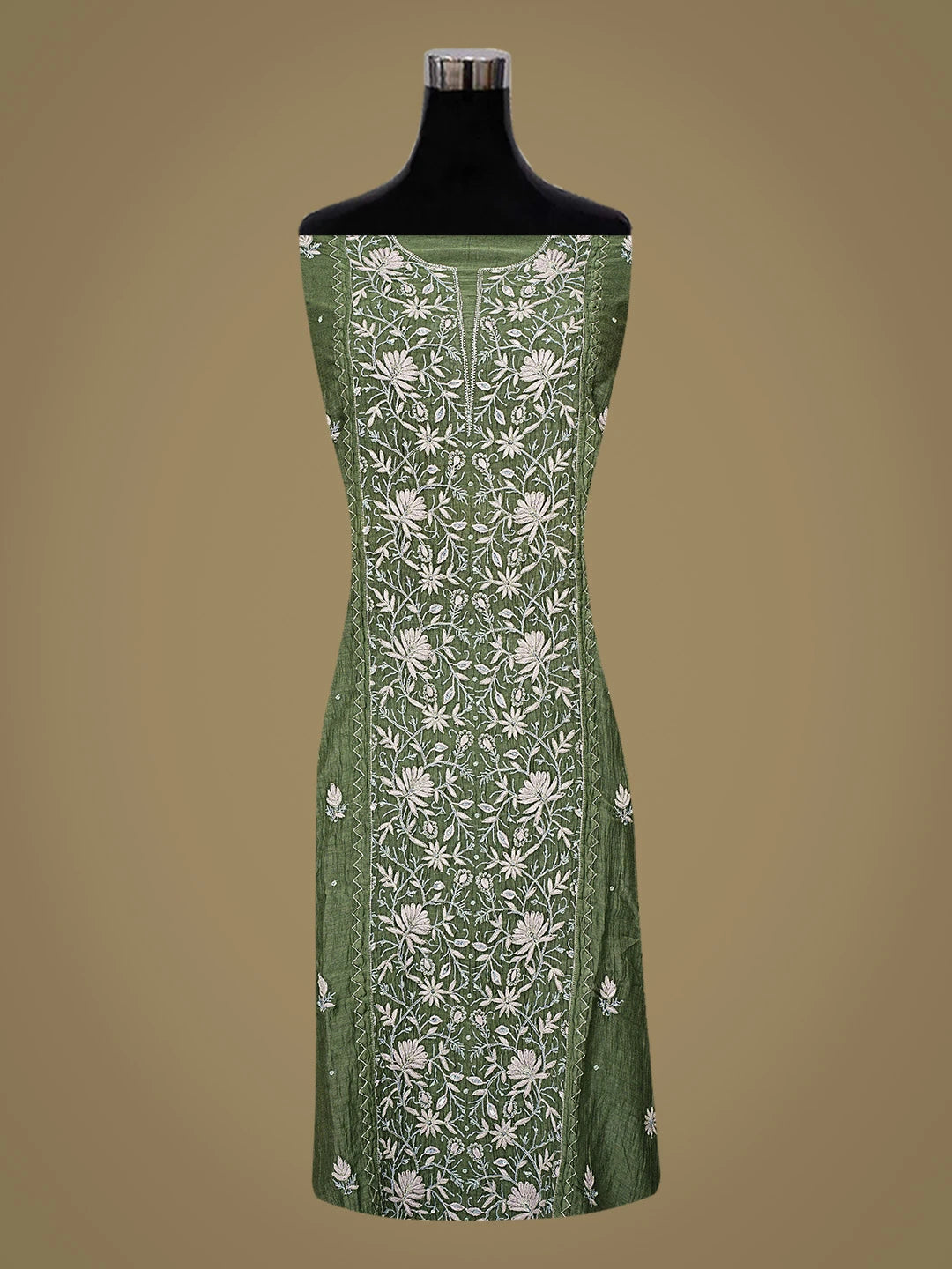 Ada Hand Embroidered Green Chanderi Lucknowi Chikankari Semi-Stitched Kurta Dupatta Set With Zari Taar Work 01A657831