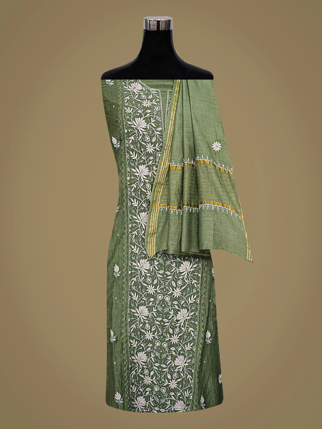 Ada Hand Embroidered Green Chanderi Lucknowi Chikankari Semi-Stitched Kurta Dupatta Set With Zari Taar Work 01A657831