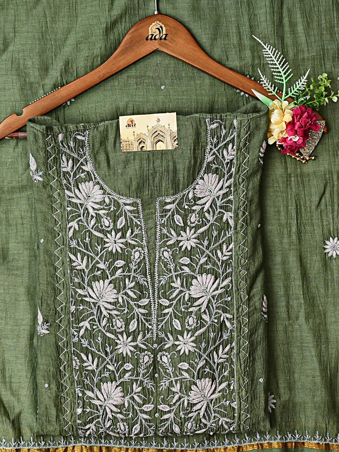 Ada Hand Embroidered Green Chanderi Lucknowi Chikankari Semi-Stitched Kurta Dupatta Set With Zari Taar Work 01A657831