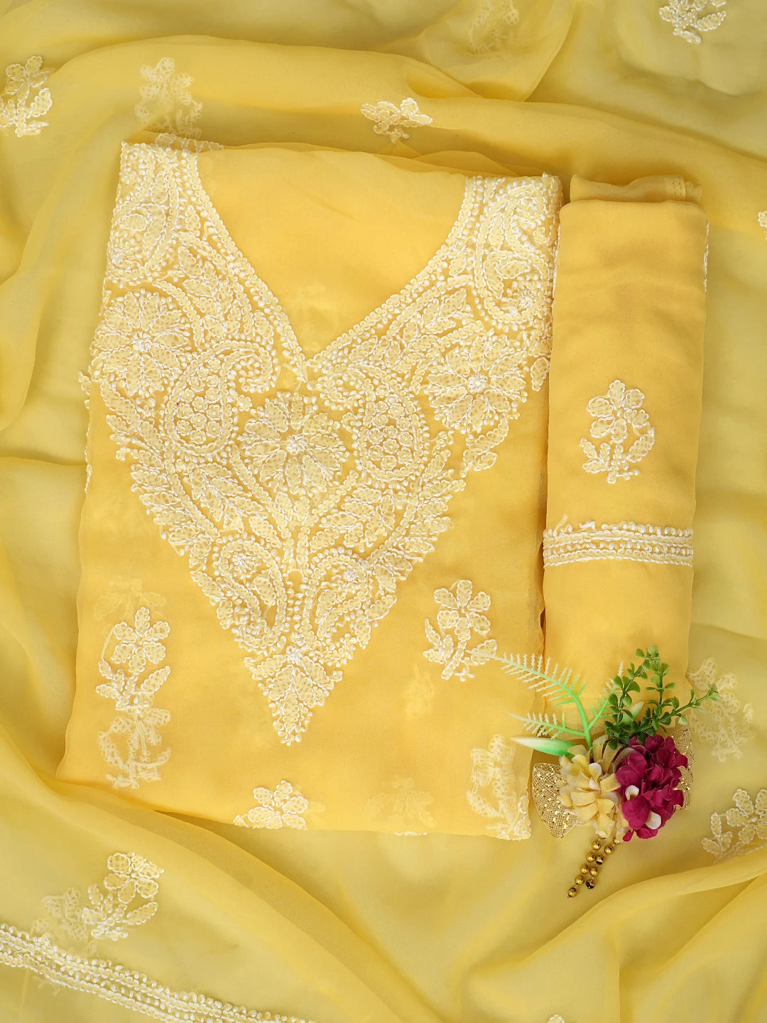 Ada Hand Embroidered Yellow Georgette Lucknowi Chikankari Unstitched Suit Piece 01A866793