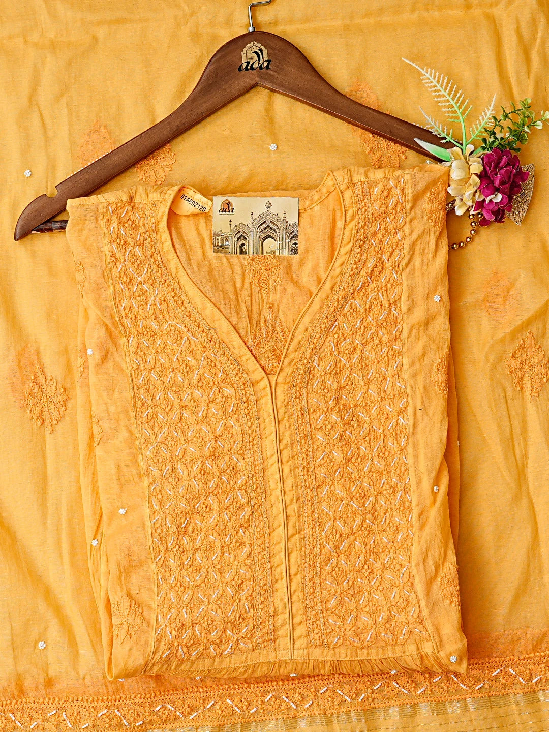 Ada Hand Embroidered Orange Chanderi Lucknowi Chikankari Semi-Stitched Kurta Dupatta Set With Cutdana Work 01A802120