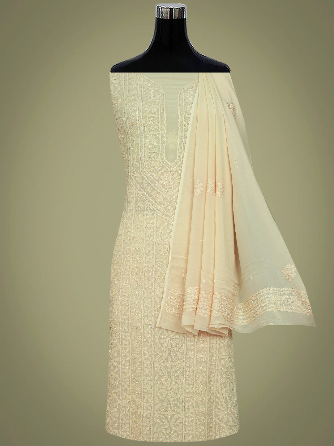 Ada Hand Embroidered Sand Fawn Viscose Georgette Lucknowi Chikankari Unstitched Kurta Dupatta Set With Pearl Work 01A724462