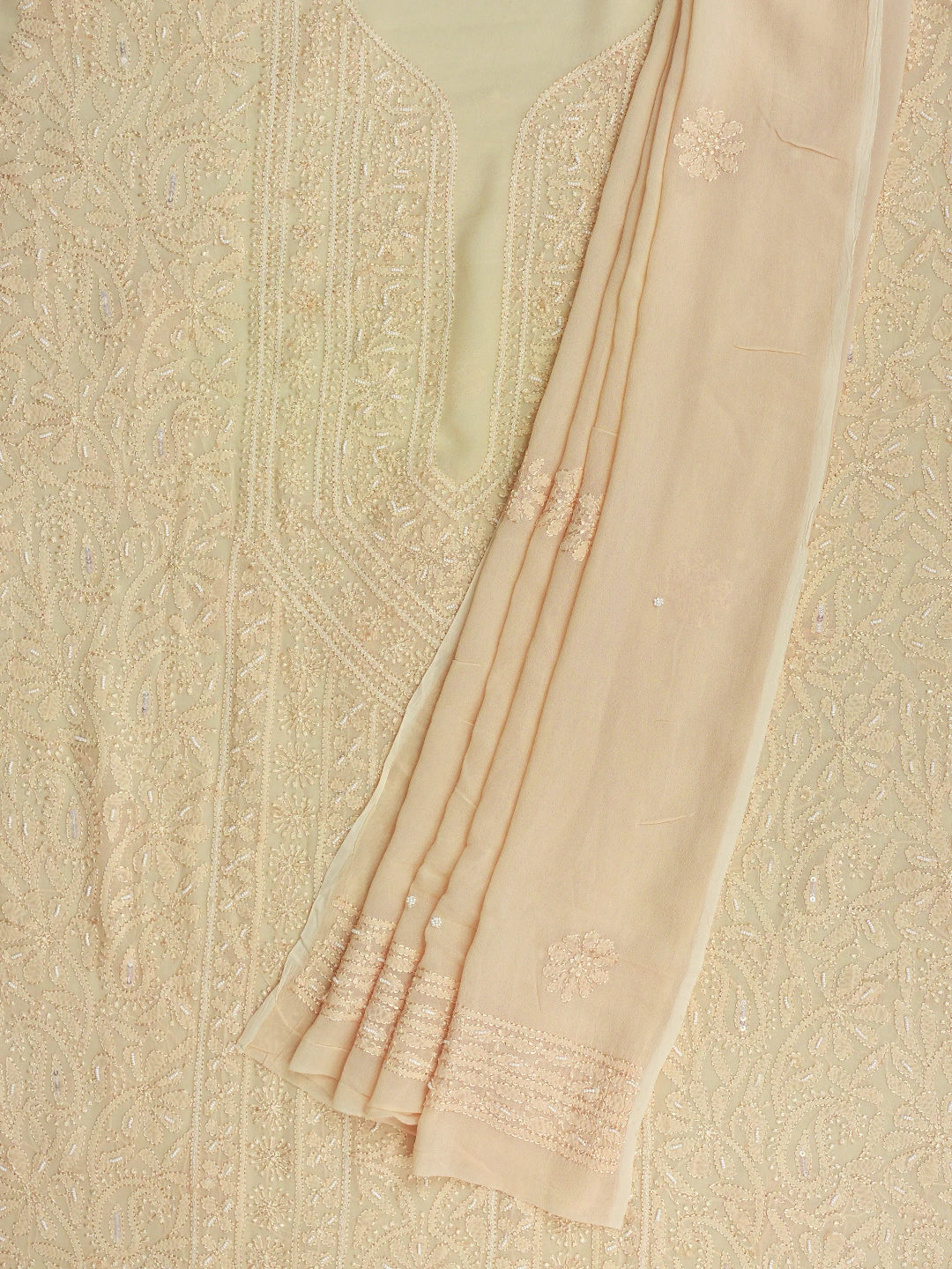 Ada Hand Embroidered Sand Fawn Viscose Georgette Lucknowi Chikankari Unstitched Kurta Dupatta Set With Pearl Work 01A724462