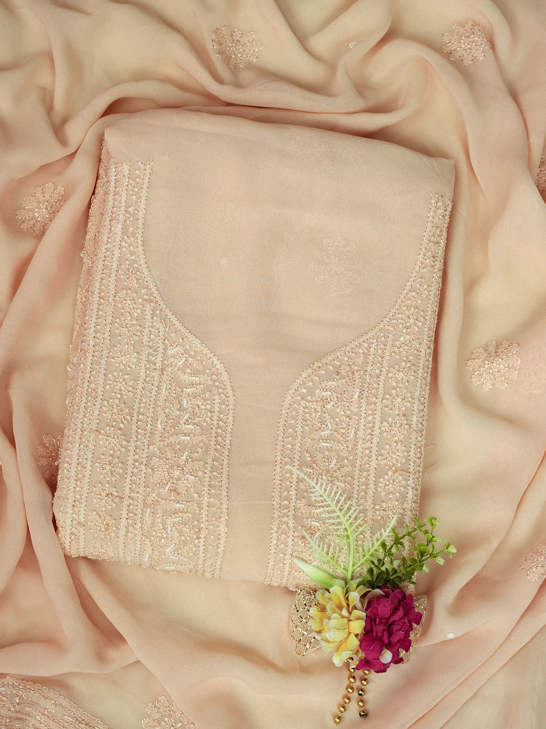 Ada Hand Embroidered Sand Fawn Viscose Georgette Lucknowi Chikankari Unstitched Kurta Dupatta Set With Pearl Work 01A724462