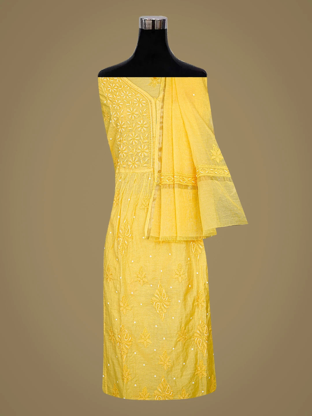 Ada Hand Embroidered Yellow Chanderi Lucknowi Chikankari Semi-Stitched Kurta Dupatta Set With Pearl Work 01A833561