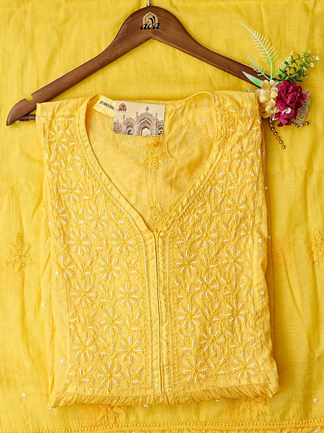 Ada Hand Embroidered Yellow Chanderi Lucknowi Chikankari Semi-Stitched Kurta Dupatta Set With Pearl Work 01A833561