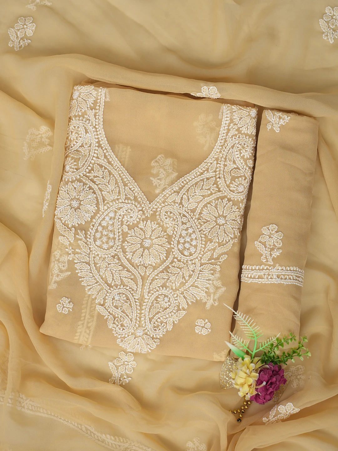 Ada Hand Embroidered Fawn Georgette Lucknowi Chikankari Unstitched Suit Piece 01A866835
