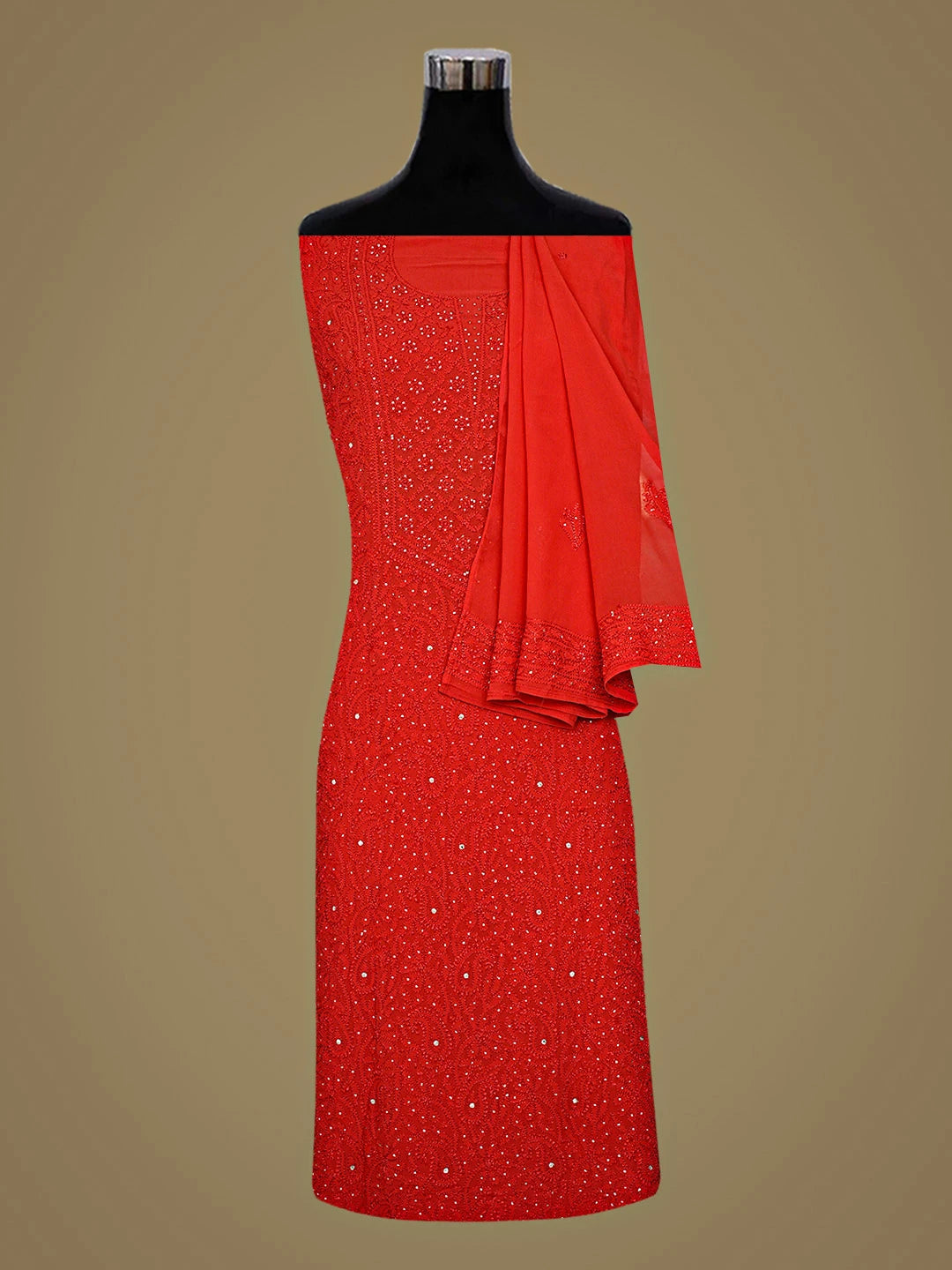 Ada Hand Embroidered Red Viscose Georgette Lucknowi Chikankari Semi-Stitched Kurta Dupatta Set With Mukaish Work 01A685061