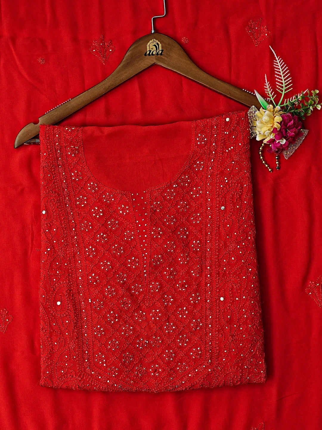 Ada Hand Embroidered Red Viscose Georgette Lucknowi Chikankari Semi-Stitched Kurta Dupatta Set With Mukaish Work 01A685061