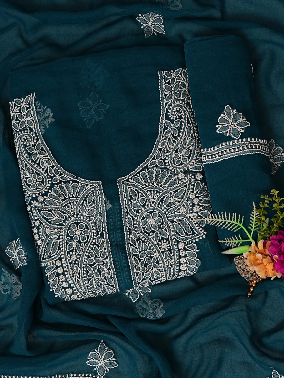 Ada Hand Embroidered Peacock Blue Georgette Lucknowi Chikankari Unstitched Suit Piece 01A866809