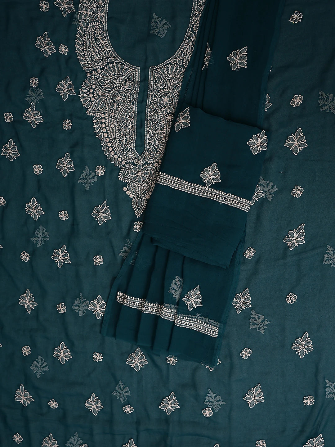 Ada Hand Embroidered Peacock Blue Georgette Lucknowi Chikankari Unstitched Suit Piece 01A866809