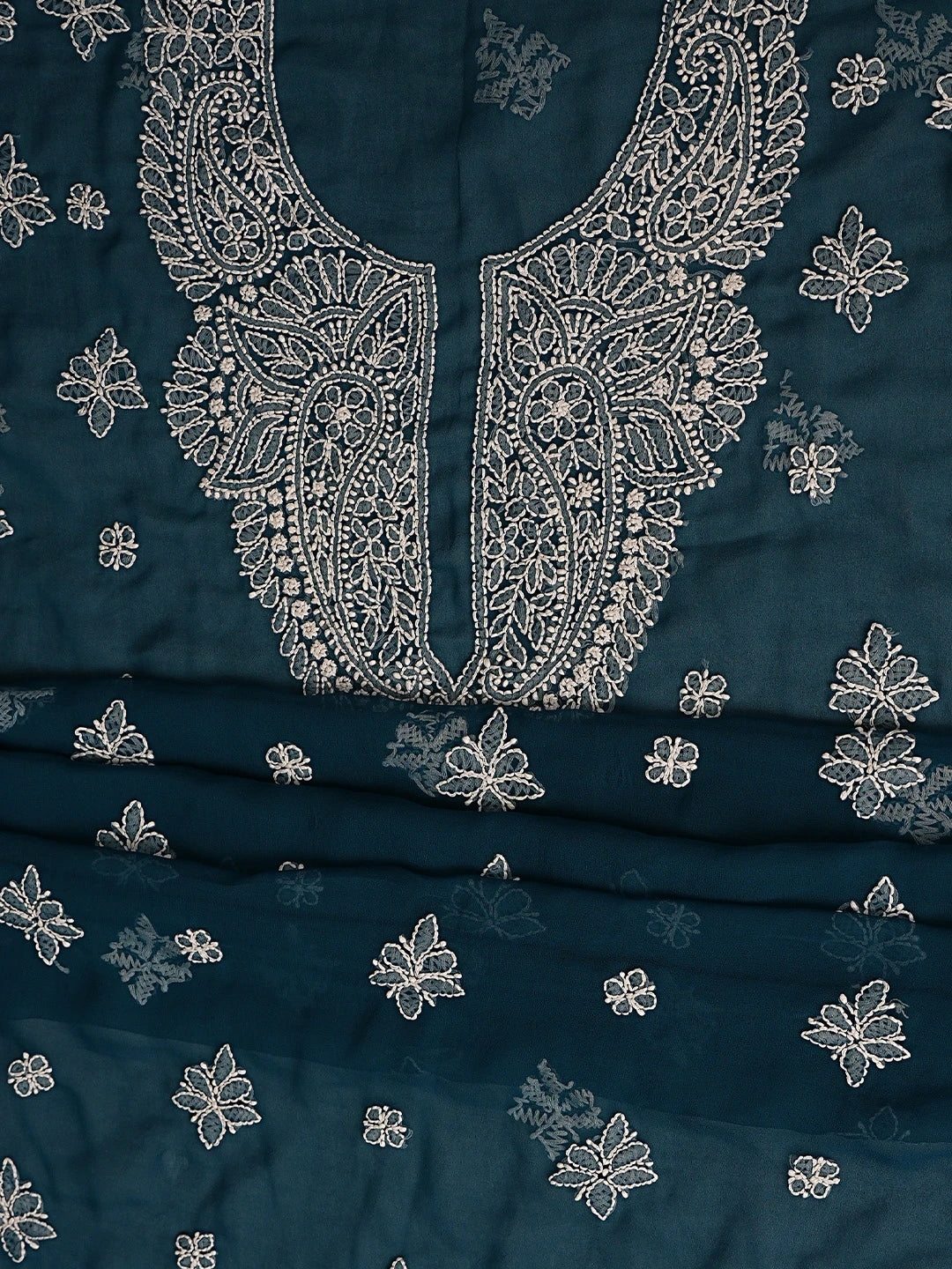 Ada Hand Embroidered Peacock Blue Georgette Lucknowi Chikankari Unstitched Suit Piece 01A866809