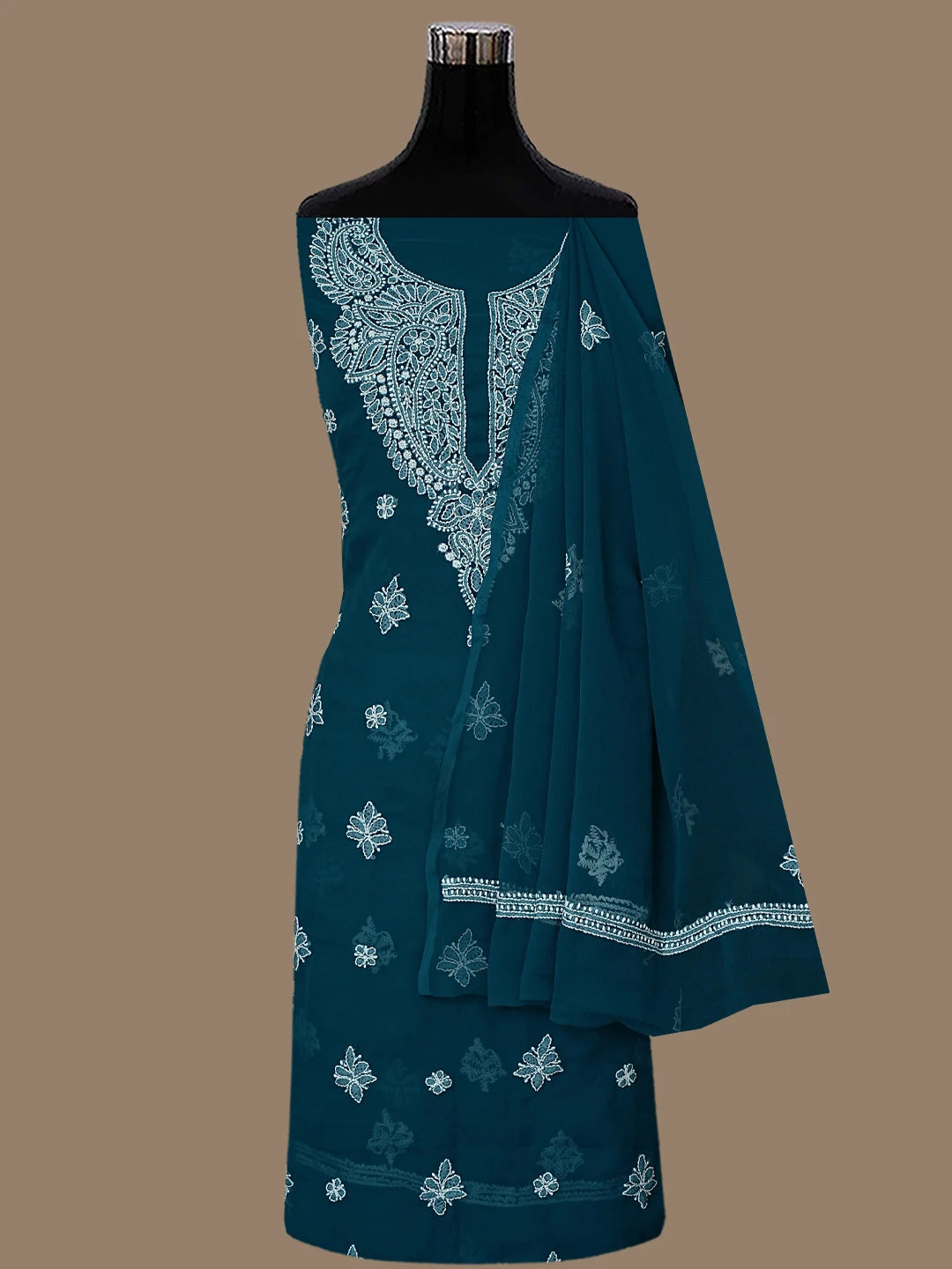 Ada Hand Embroidered Peacock Blue Georgette Lucknowi Chikankari Unstitched Suit Piece 01A866809