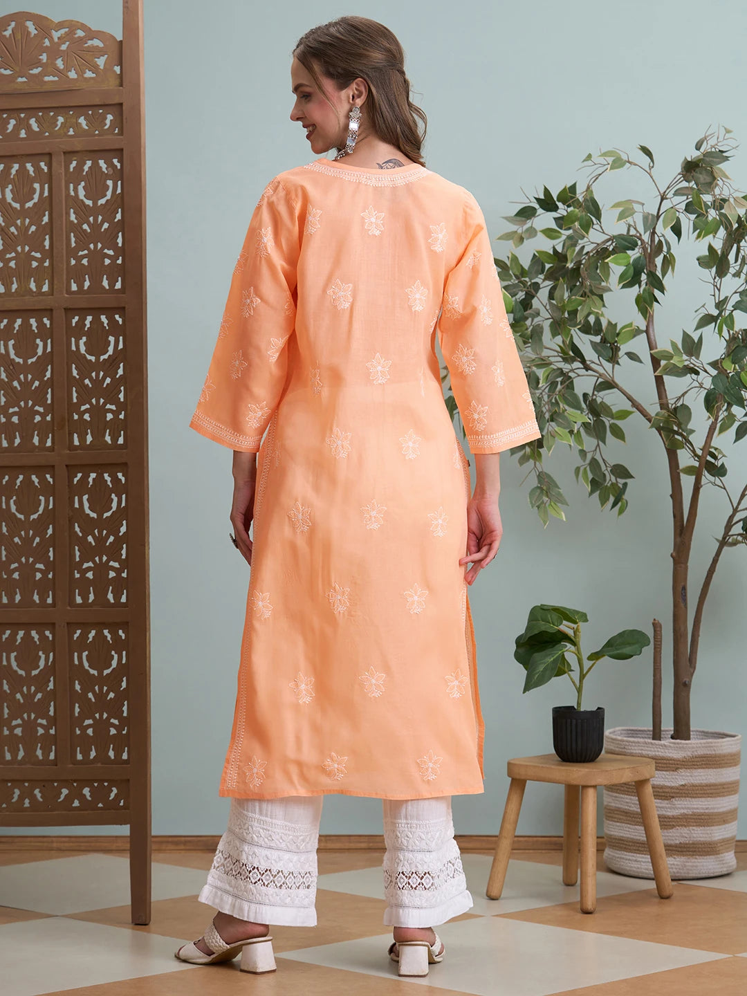 Ada Hand Embroidered Peach Cotton Lucknowi Chikankari Straight Kurta A411791